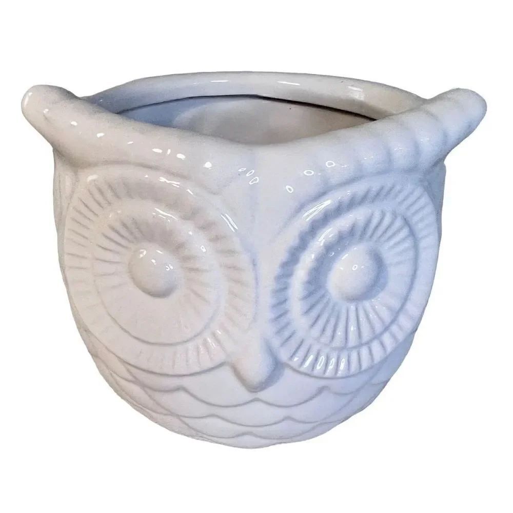 OWL White Ceramic Planter Vase Pottery Round 3D Textured